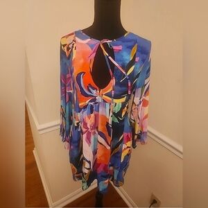 SUNSHINE 79 Dress Cover Up Floral Multicolored Mini Stretch Pockets Women's Sz S